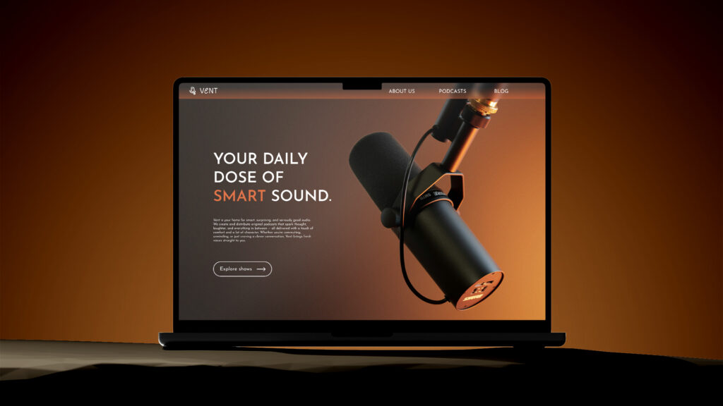Laptop displaying a podcast website homepage with the headline “Your daily dose of smart sound,” featuring a close-up of a studio microphone against a warm orange gradient background.